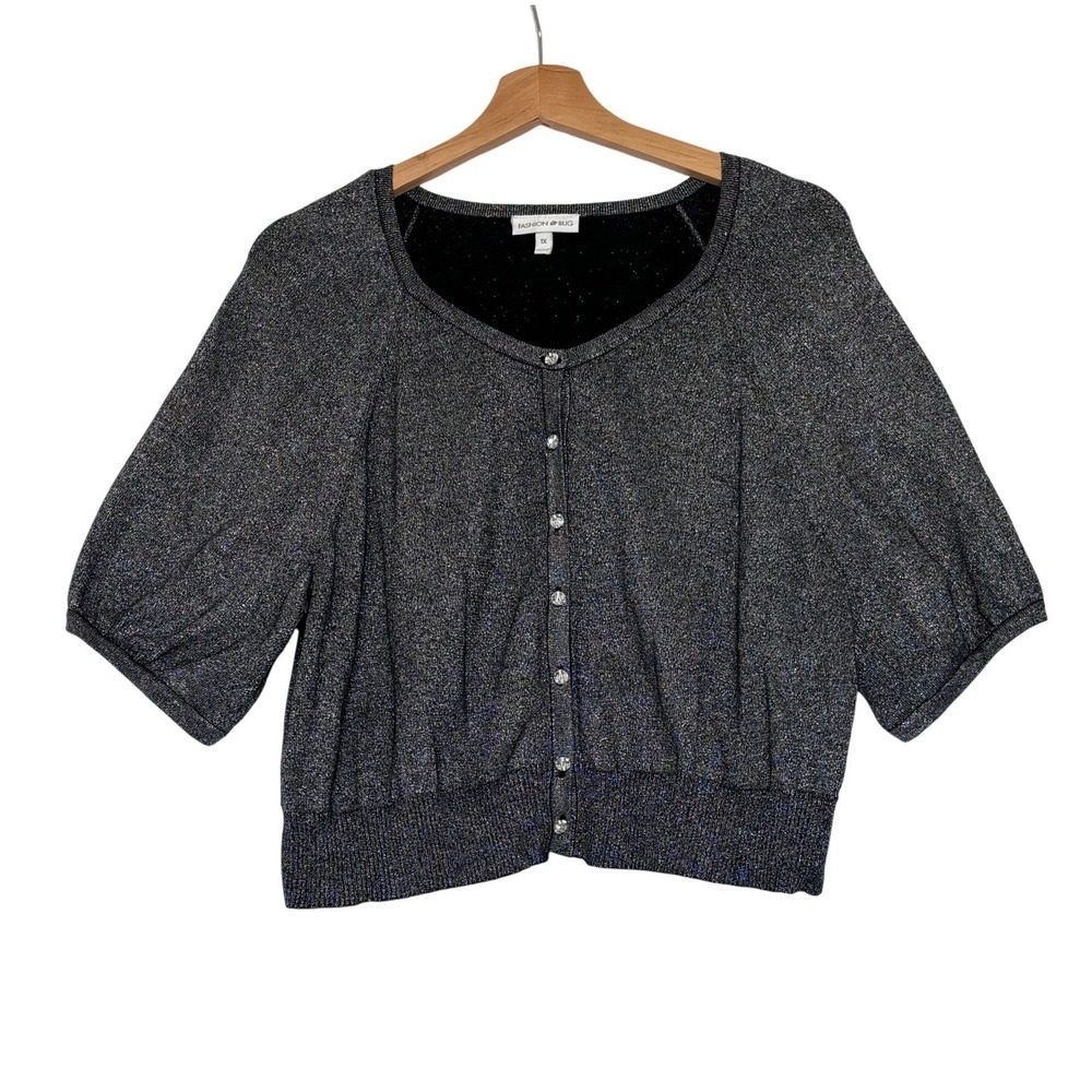 Vintage Y2K Silver Metallic Knit Cardigan Shrug Rhinestone Button Sweater 1X